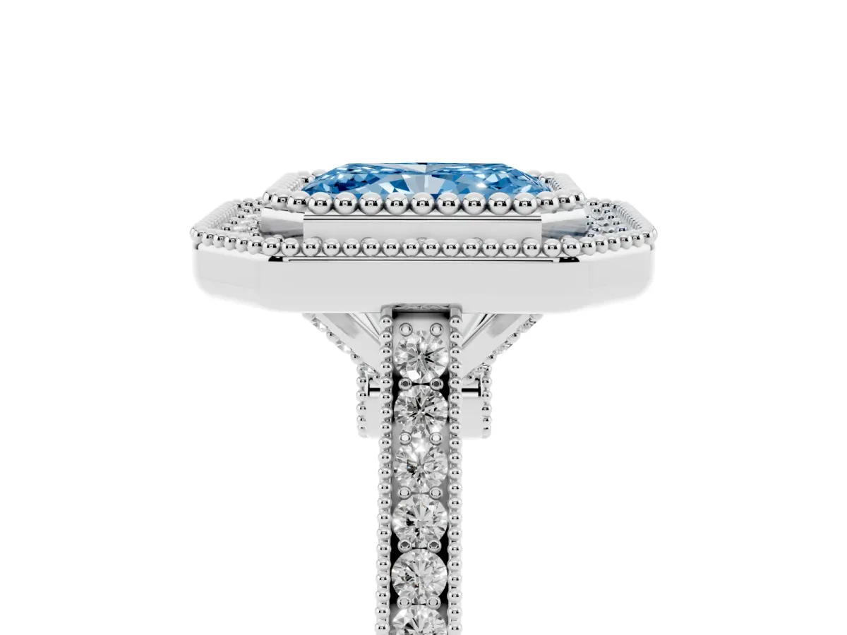 Fancy Blue Radiant Cut Diamond Halo Ring with Milgrain Frame and Pavé Band White gold