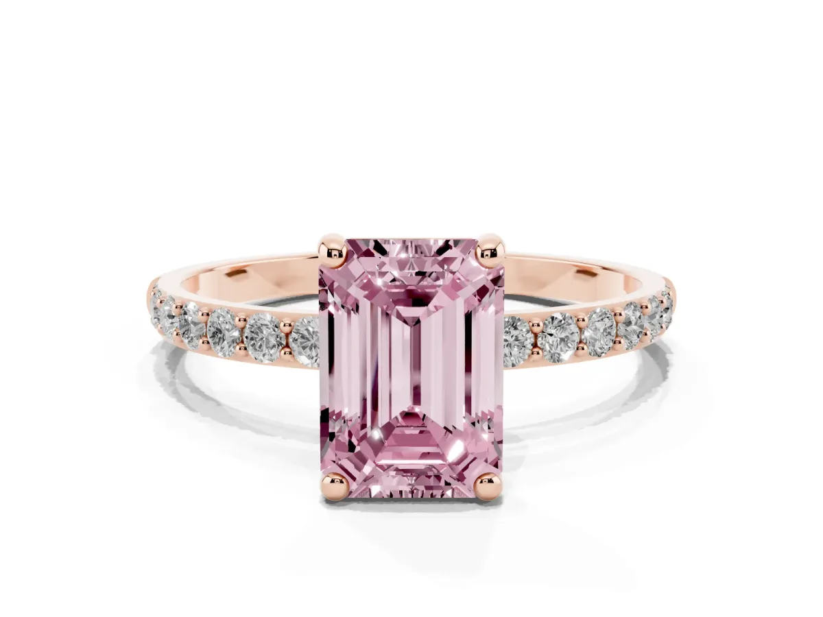 Fancy Pink Emerald Cut Diamond Solitaire Ring with Round Pavé Band and Prong Setting Rose gold