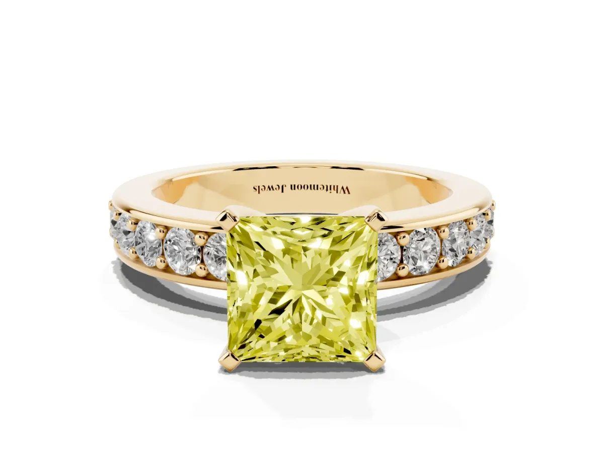 Fancy Yellow Princess Cut Diamond Engagement Ring with Channel Set Round Band and Prong Setting Yellow gold