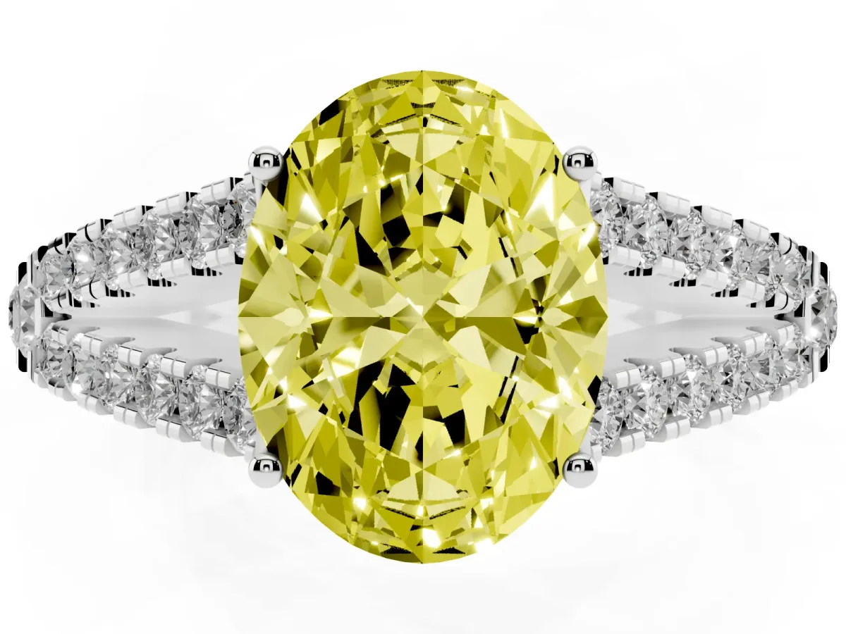 Fancy Yellow Oval Cut Diamond Split Shank Engagement Ring with Round Pavé and Prong Setting Platinum