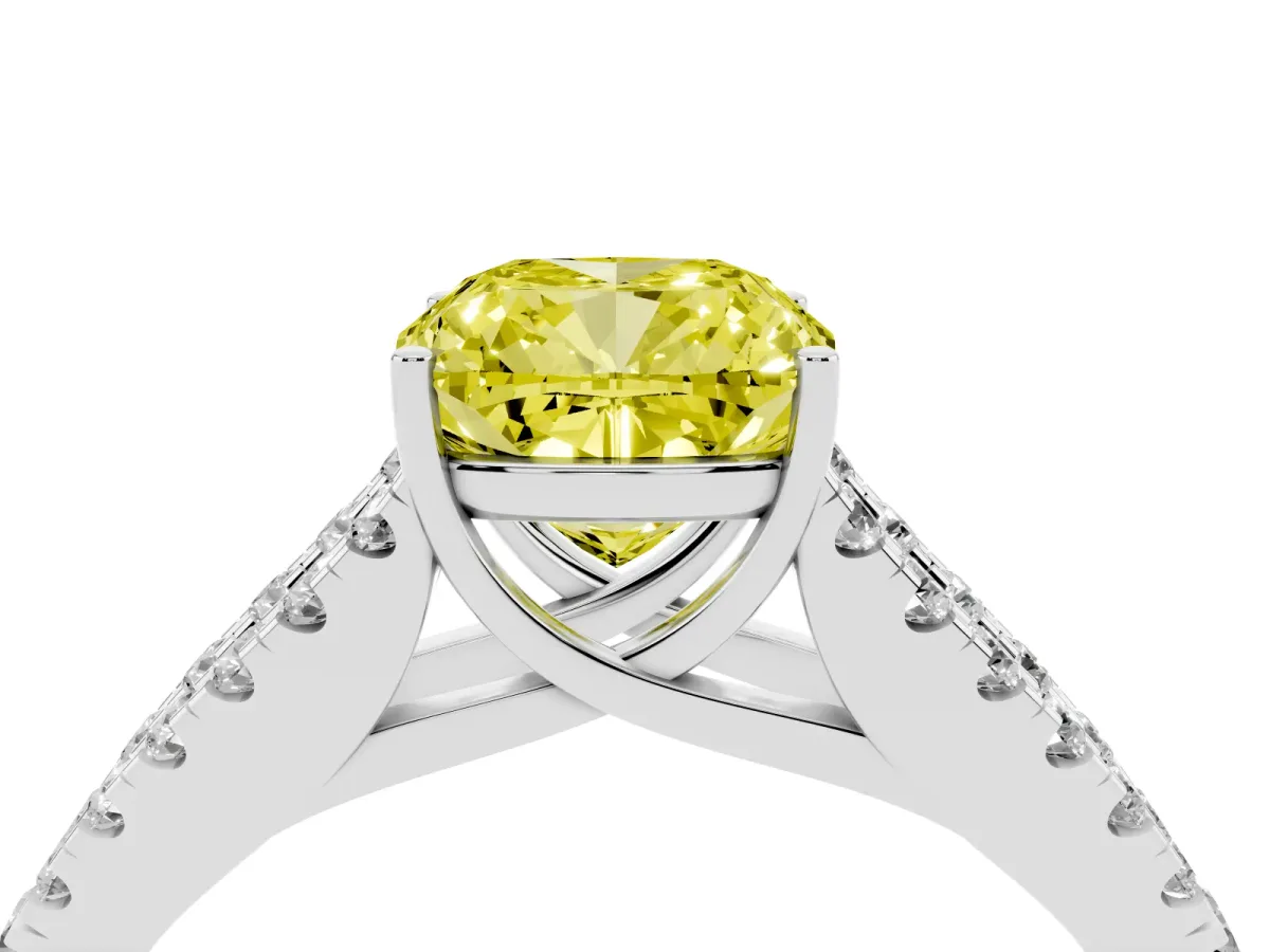 Fancy Yellow Cushion Cut Diamond Split Shank Pavé Engagement Ring with Four-Prong Setting Platinum
