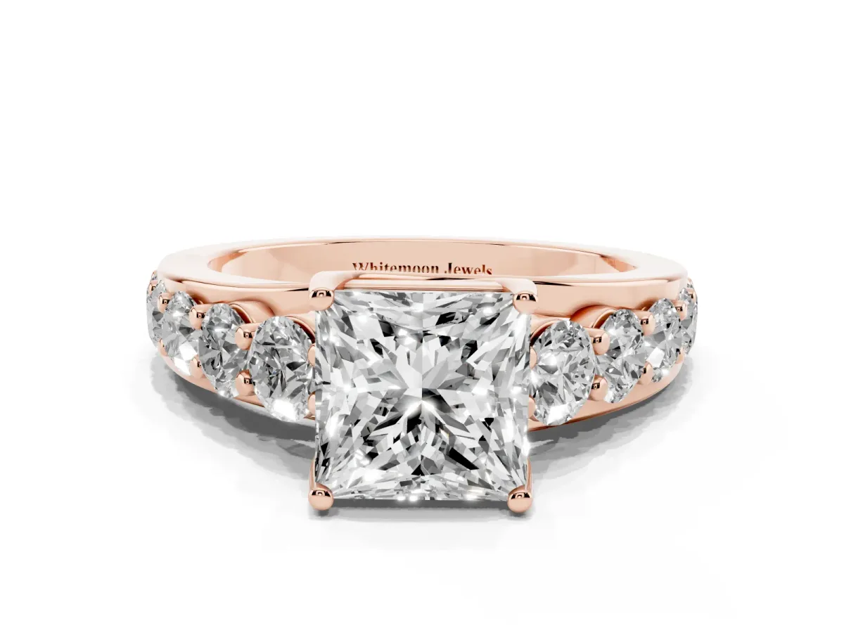 Princess Cut Diamond Engagement Ring with Pavé Band and Four-Prong Setting Rose gold