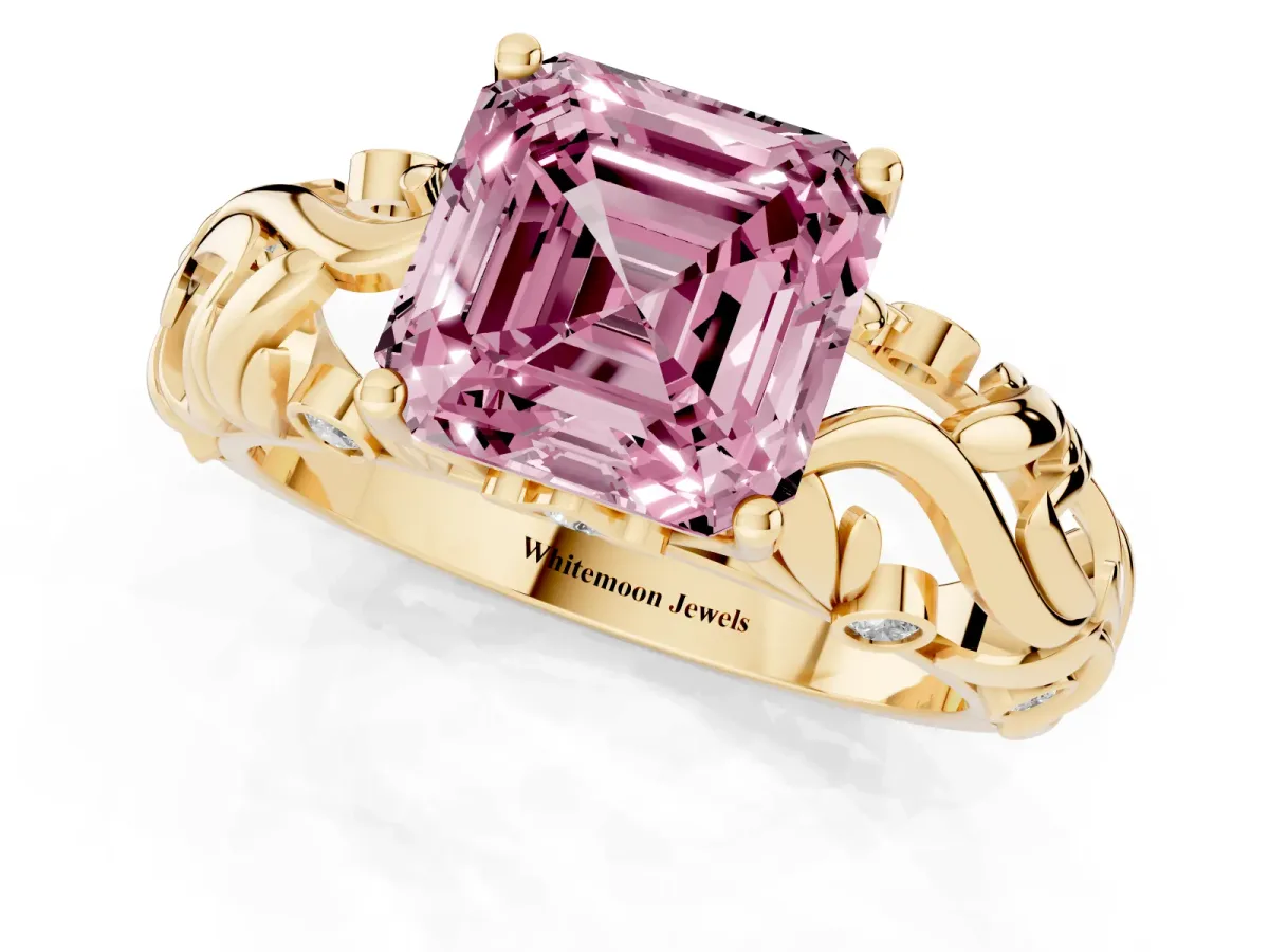 Fancy Pink Asscher Cut Solitaire Diamond Leaf-Inspired Vine Band Ring with Prong Setting Yellow gold