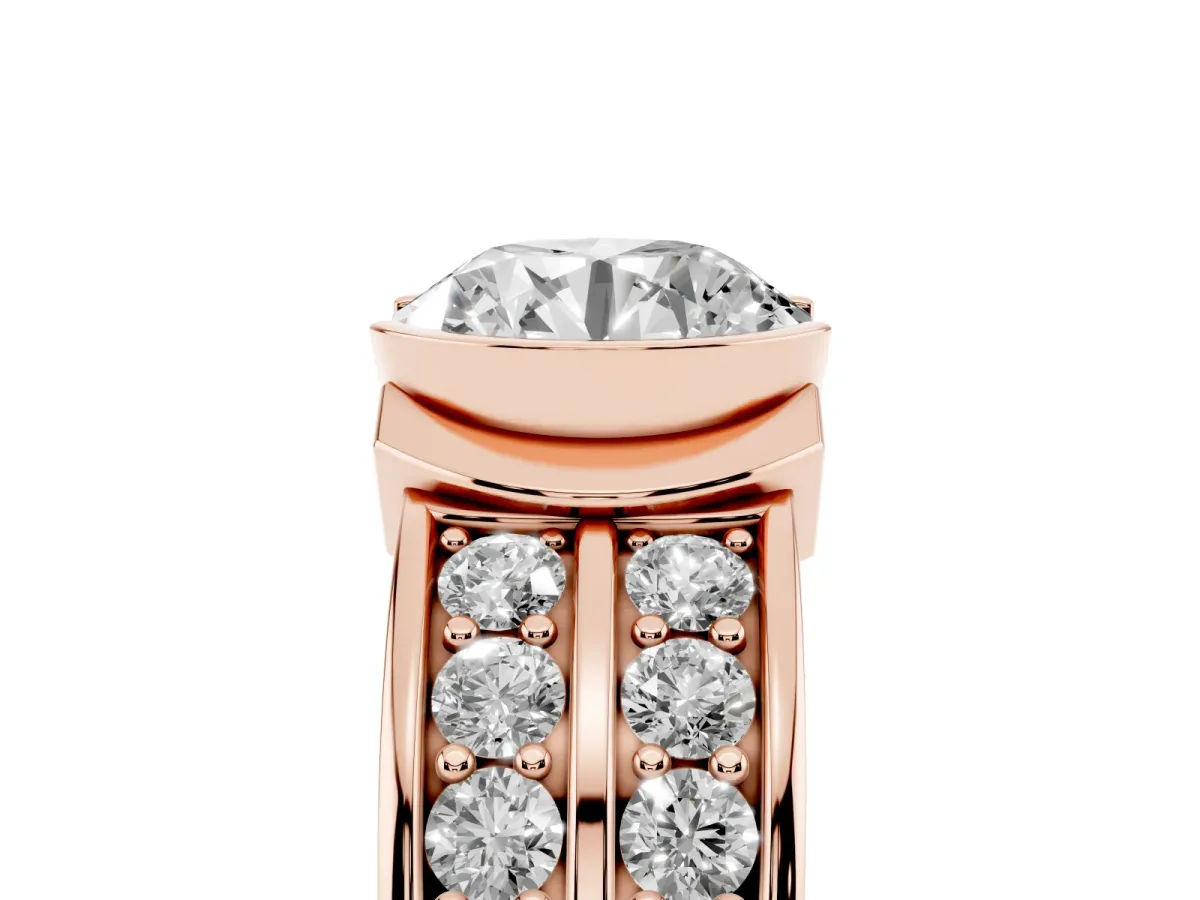 Round Cut Brilliant Diamond Channel Set Wide Band Ring with Bezel Setting Rose gold