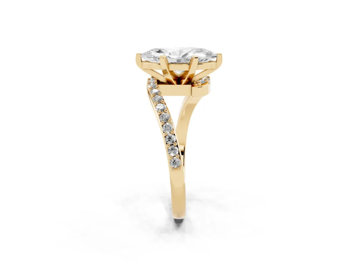 Marquise Cut Solitaire Twist Band with Pave Set Diamonds and Four-Prong Setting Yellow gold