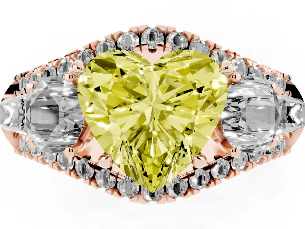 Fancy Yellow Three-Stone Heart Cut Diamond Engagement Ring with Pave Band and Prong Setting Rose gold