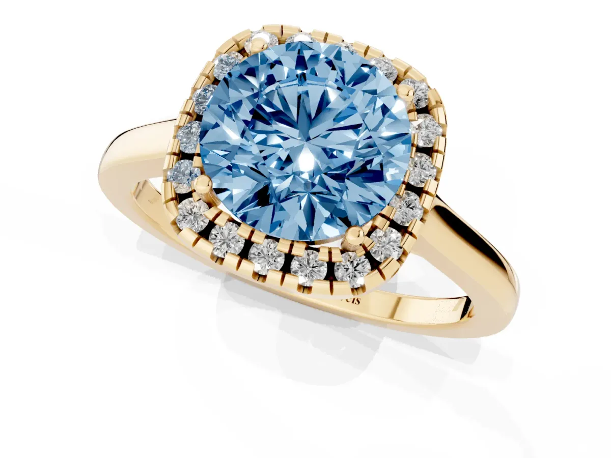 Fancy Blue Round Cut Halo Round Diamond Solitaire Ring with Pavé Band and Four-Prong Setting Yellow gold
