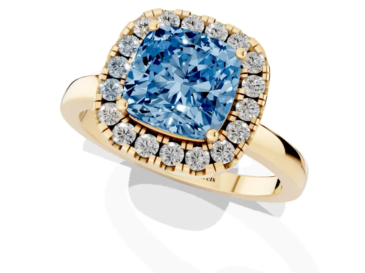 Fancy Blue Cushion Cut Halo Diamond Solitaire with Pavé Band and Four-Prong Setting Yellow gold