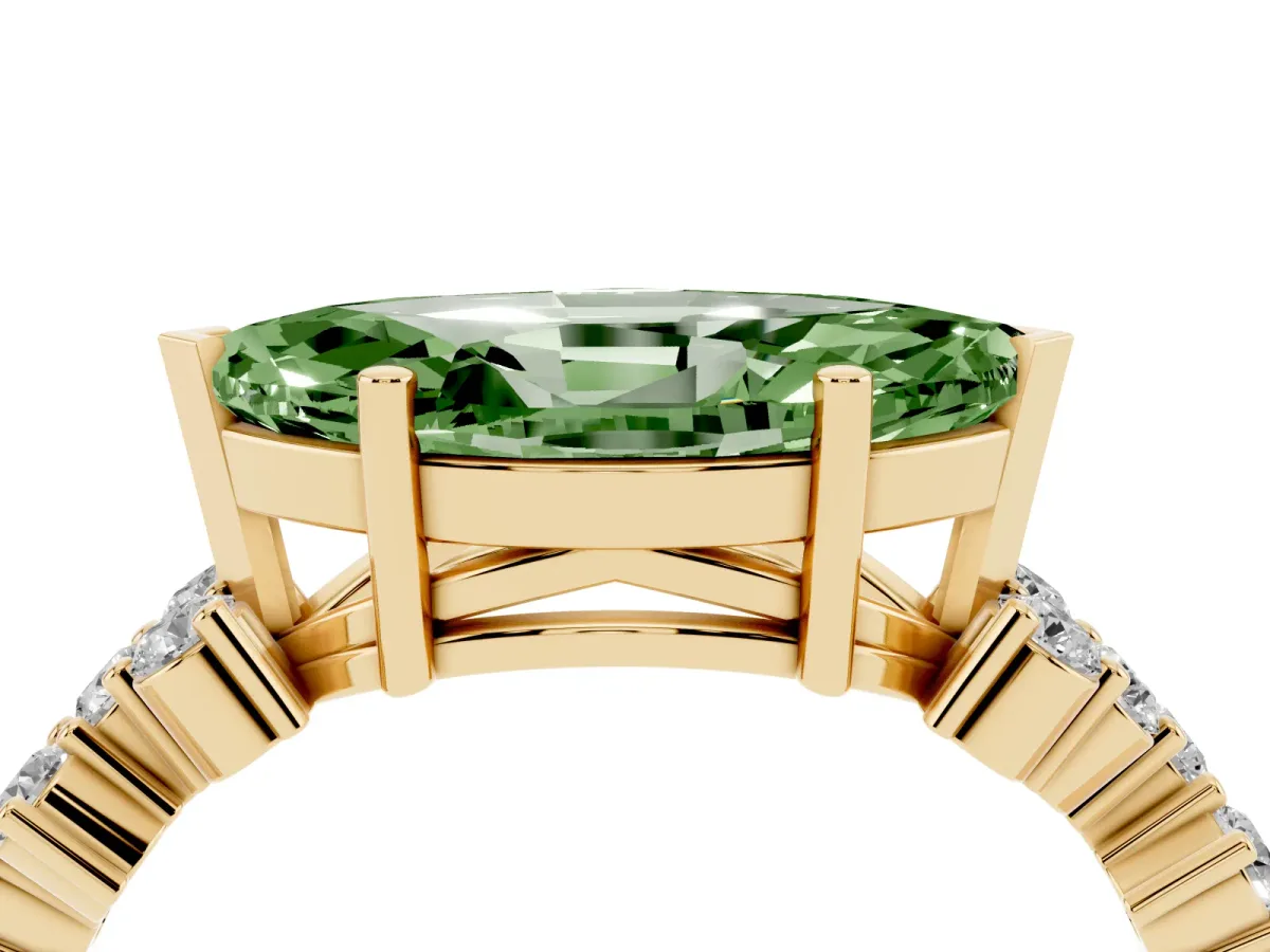 Fancy Green Marquise Cut Diamond Scattered Round Accent Ring with Prong Setting Yellow gold