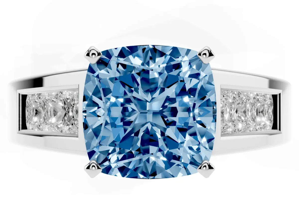 Fancy Blue Cushion Cut Cut Channel Set Solitaire Ring with Four-Prong Setting Platinum