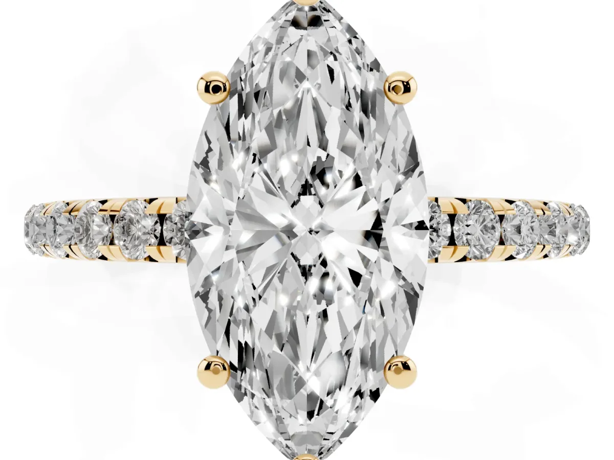 Marquise Cut Cut Diamond Solitaire Ring with Micro Pave Band and Four Prong Setting Yellow gold