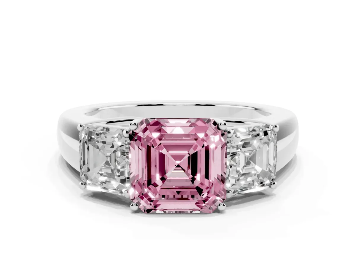 Fancy Pink Three-Stone Asscher Cut Cut Diamond Ring with Prong Setting and Classic Band Silver