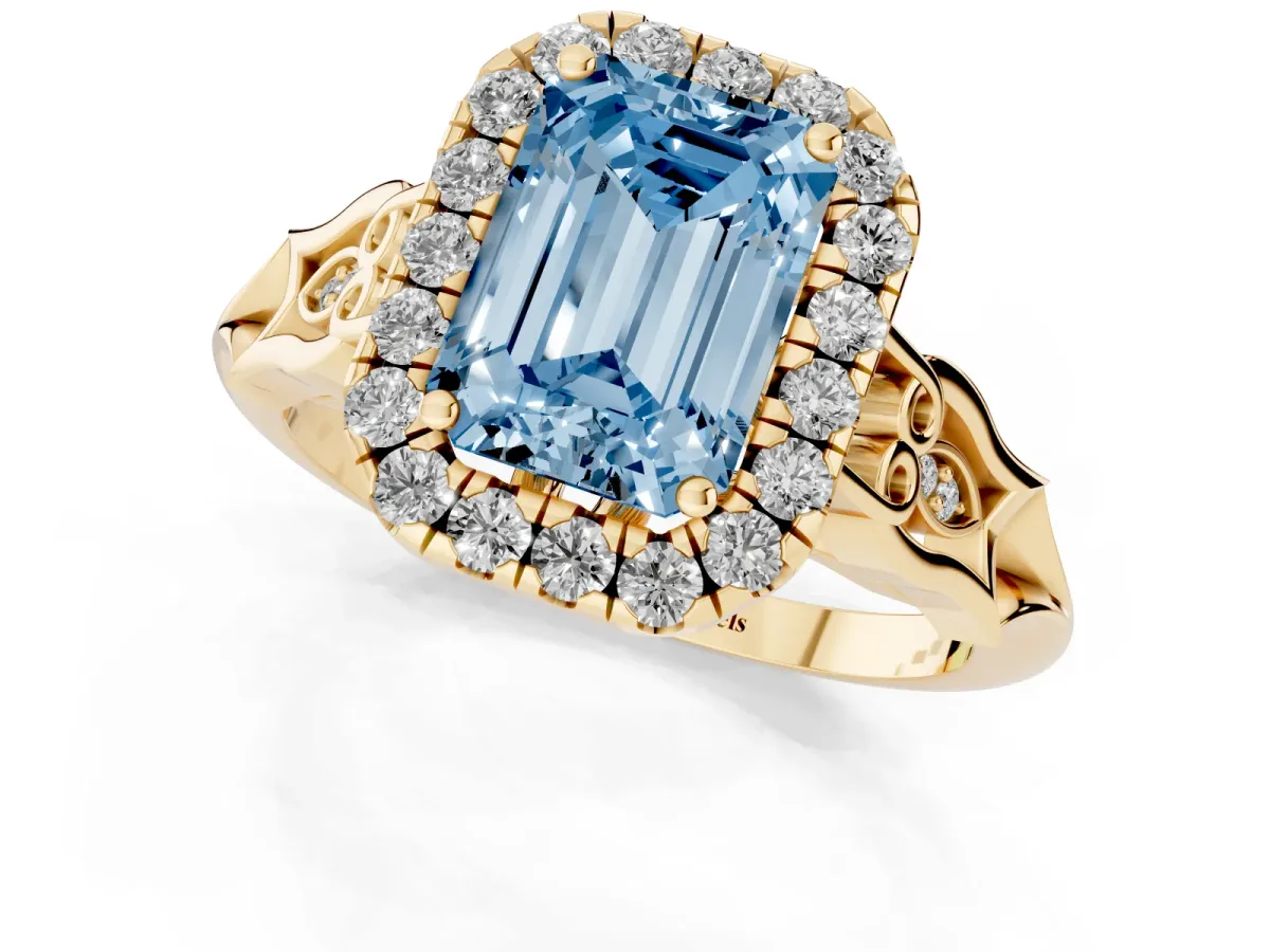 Fancy Blue Emerald Cut Halo Diamond Engagement Ring with Filigree Band and Four-Prong Setting Yellow gold