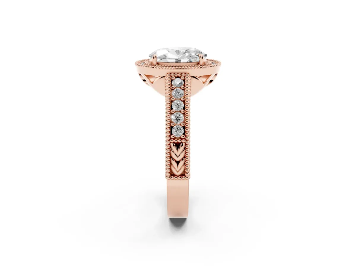 Oval Cut Cut Halo Diamond Ring with Pavé Band and Four-Prong Setting Rose gold