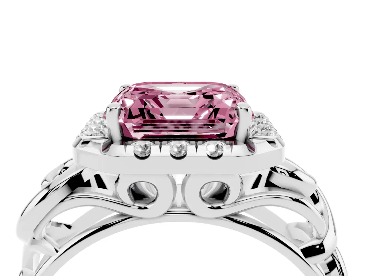 Fancy Pink Asscher Cut Cut Halo Diamond Ring with Scrollwork Band and Four-Prong Setting Silver