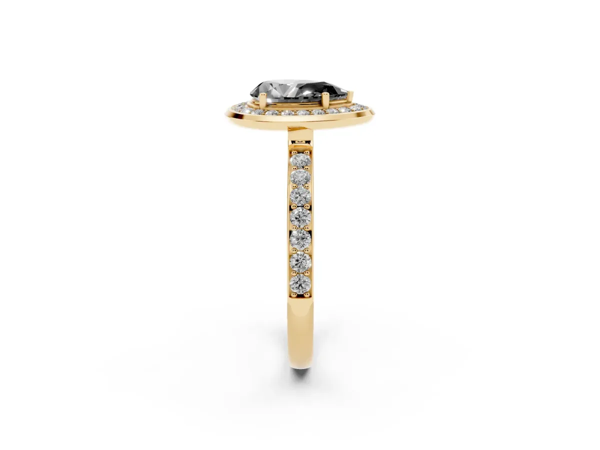 Fancy Black Pear Cut Diamond Halo Ring with Bezel Frame and Pavé Band Yellow gold
