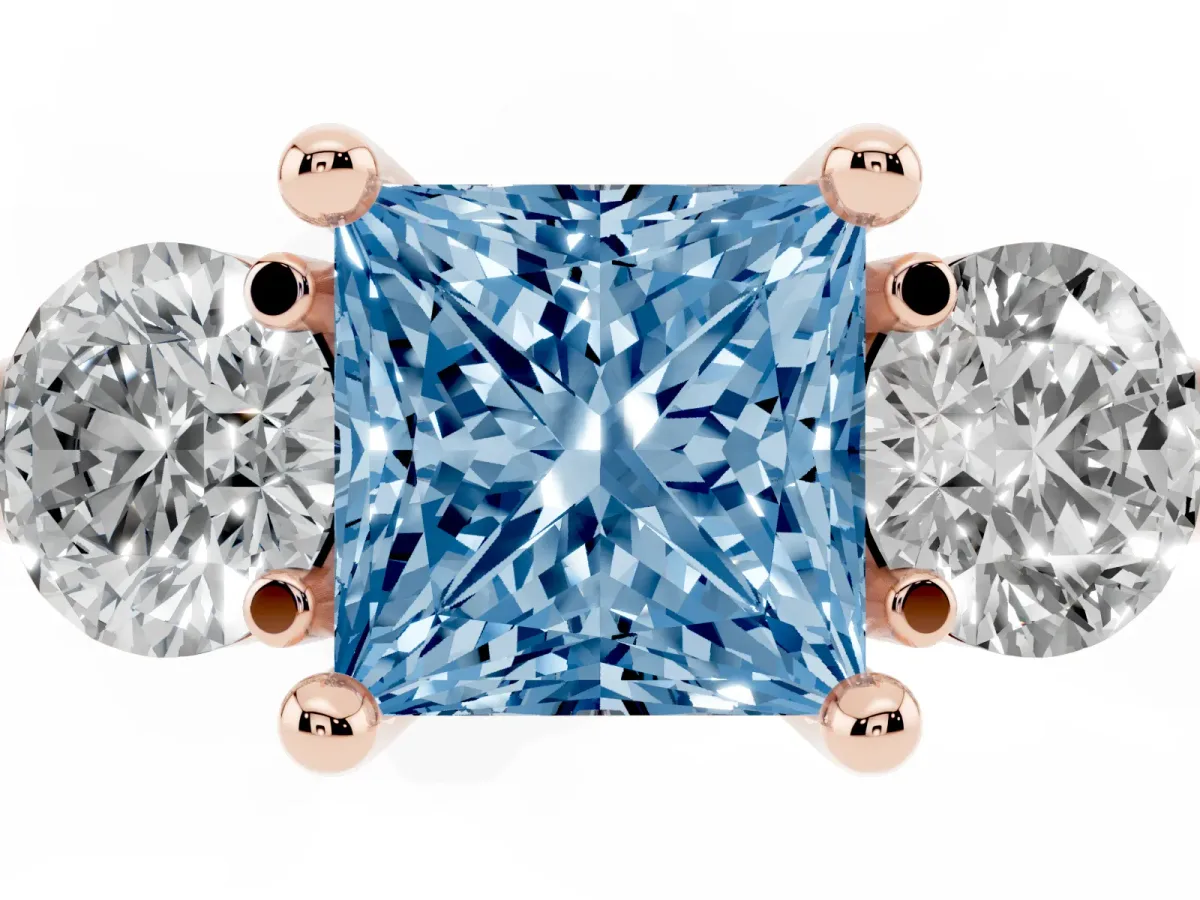 Fancy Blue Three-Stone Princess Cut Brilliant Cut Solitaire Ring with Prong Setting on a Classic Band Rose gold