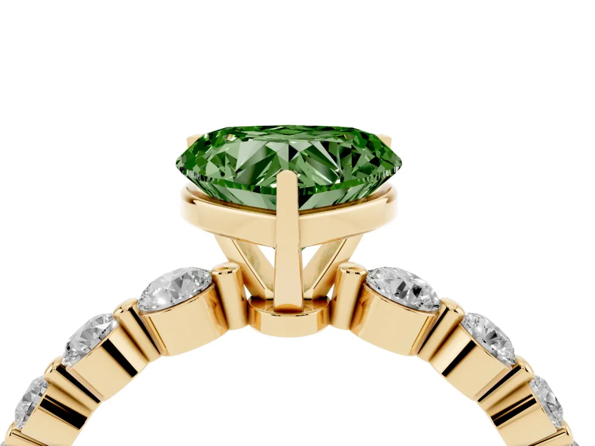 Fancy Green Heart Cut Solitaire Diamond Ring with Pave Band and Four-Prong Setting Yellow gold