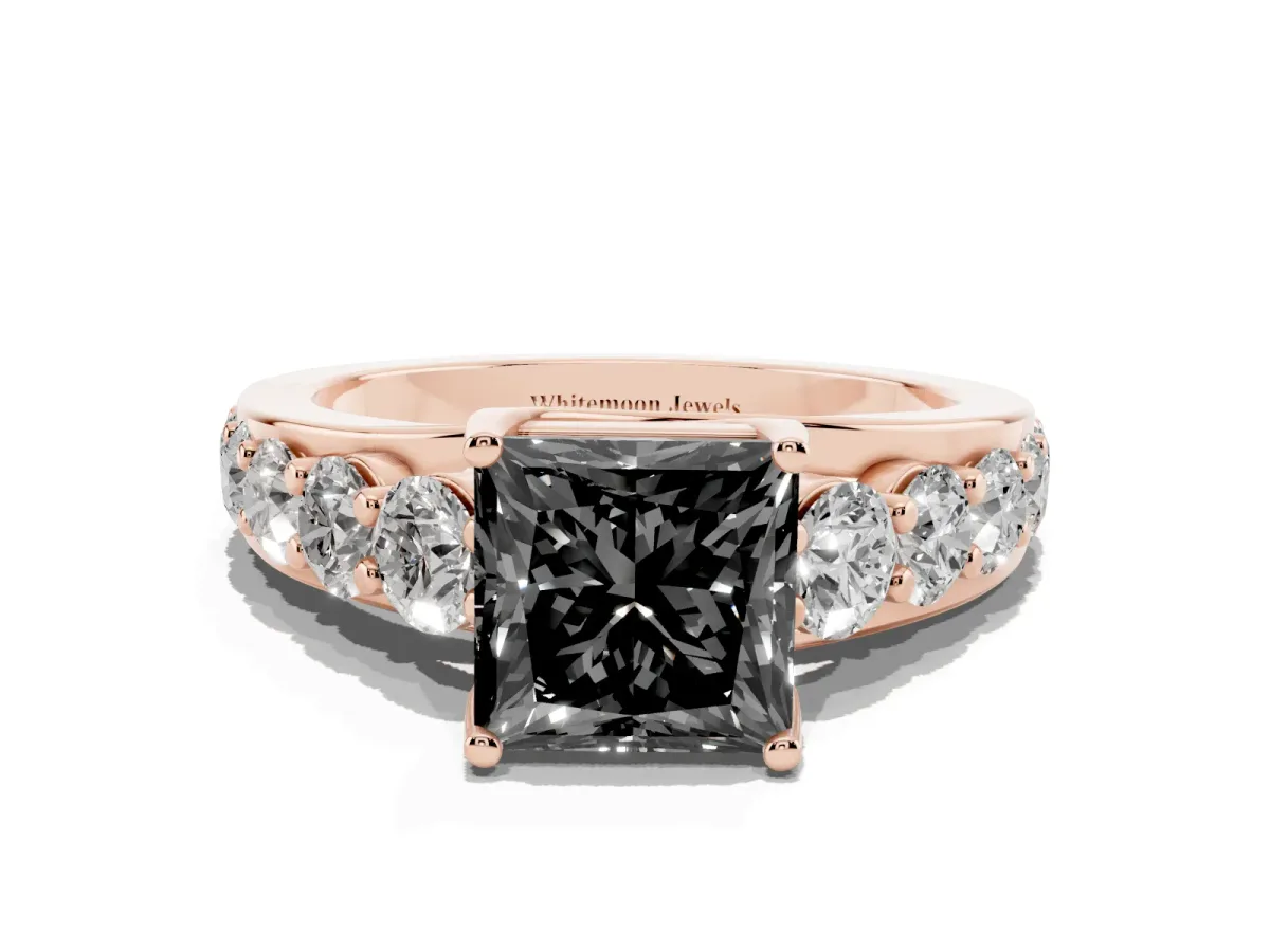 Fancy Black Princess Cut Diamond Engagement Ring with Pavé Band and Four-Prong Setting Rose gold