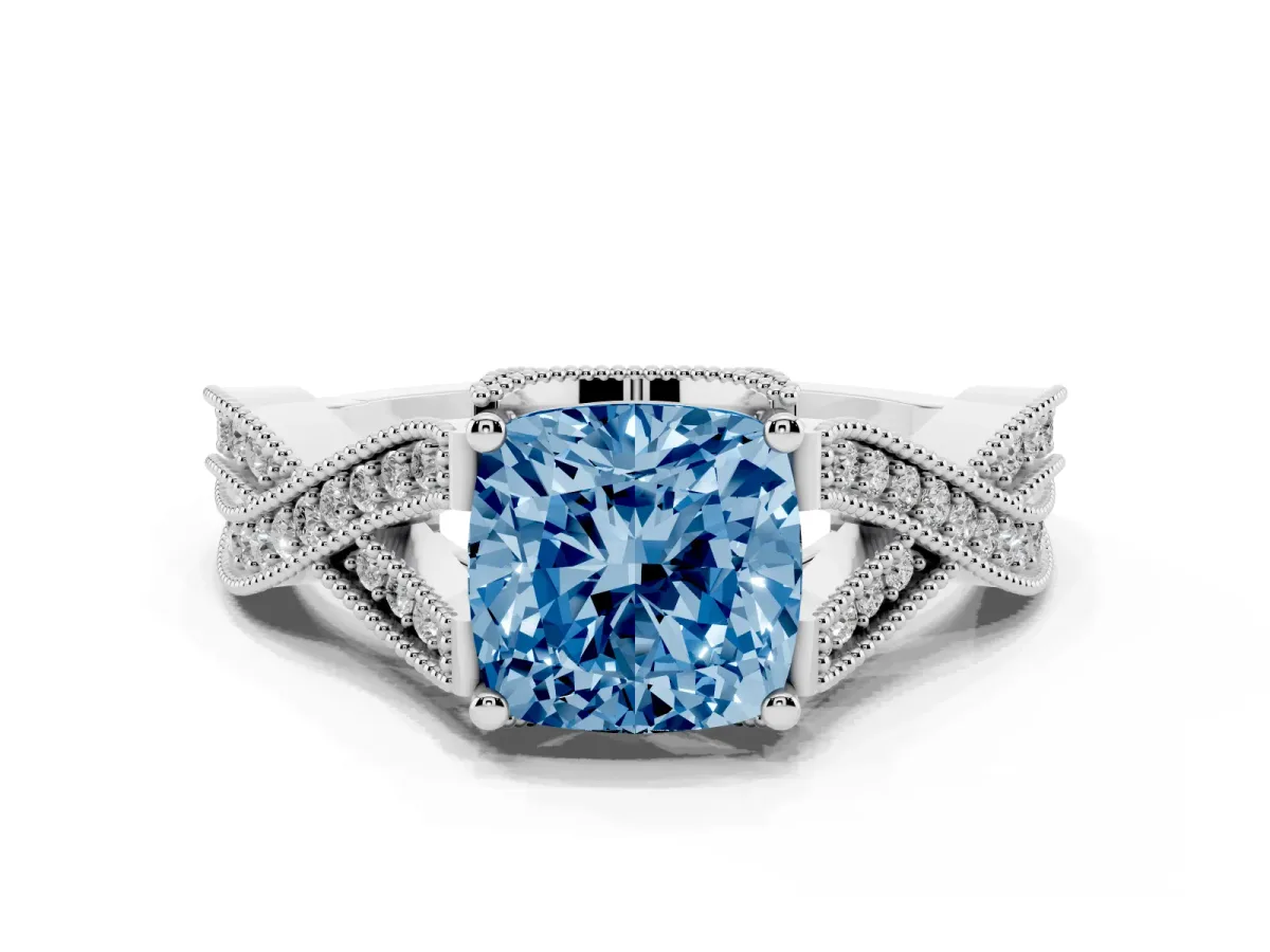 Fancy Blue Cushion Cut Cut Diamond Twisted Band with Milgrain Pave Setting and Four-Prong Setting Silver