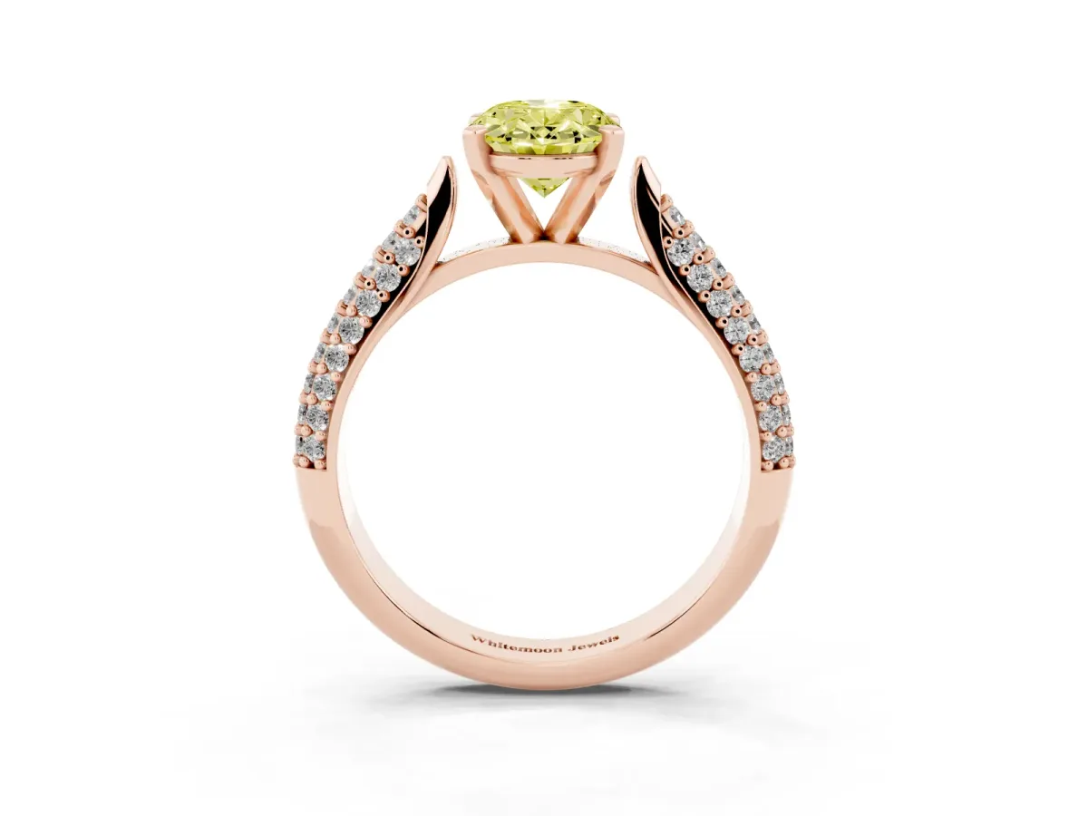 Fancy Yellow Oval Cut Diamond Solitaire Engagement Ring with Multi-Row Round Pavé Band and Prong Setting Rose gold