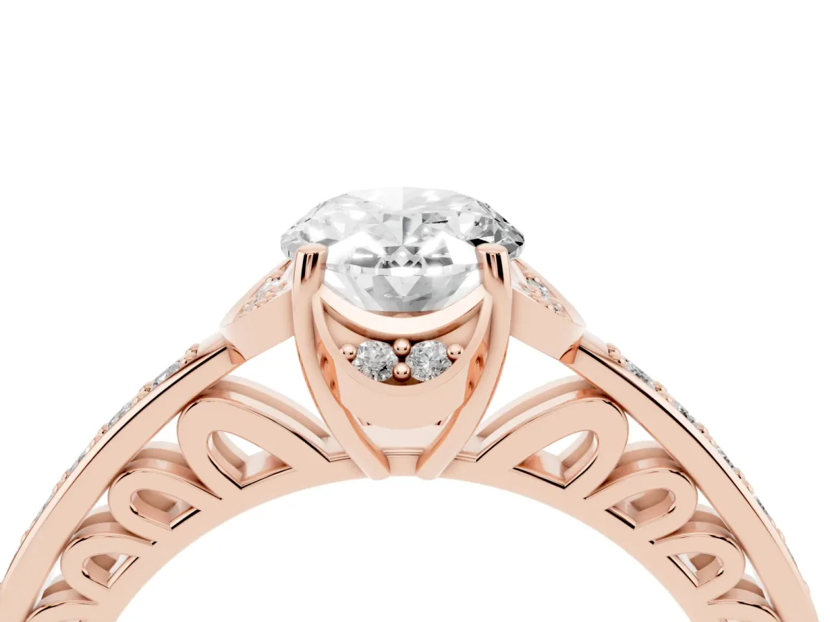 Oval Cut Cut Halo Diamond Ring with Channel Set Band and Four-Prong Setting Rose gold