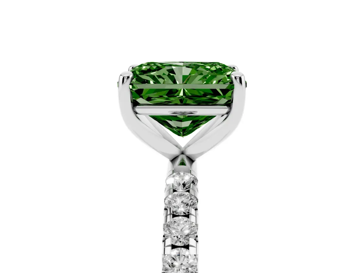 Fancy Green Radiant Cut Cut Diamond Solitaire Ring with Micro Pave Band and Four Prong Setting White gold