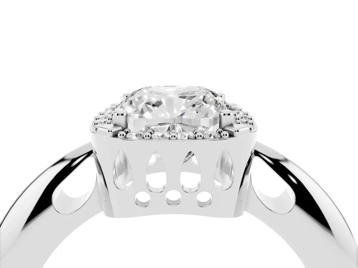 Cushion Cut Cut Diamond Halo Engagement Ring with Split Shank and Four-Prong Setting Silver