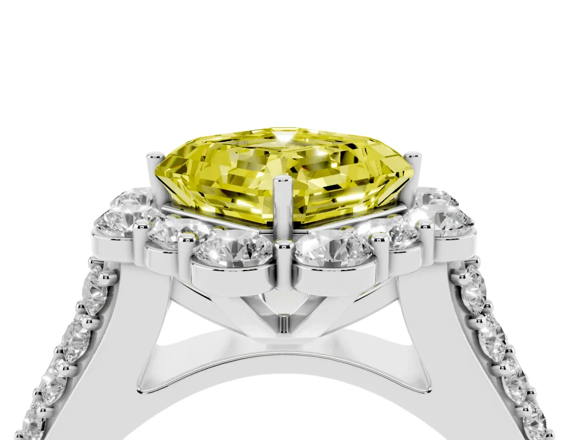 Fancy Yellow Asscher Cut Halo Diamond Engagement Ring with Split Shank and Prong Setting Silver