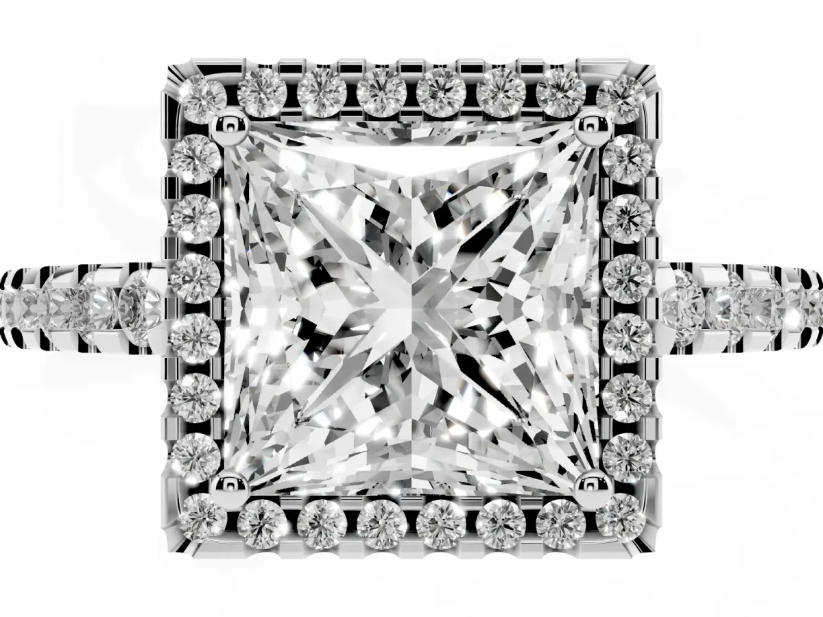 Princess Cut Diamond Halo Engagement Ring with Pavé Band and Prong Setting Platinum