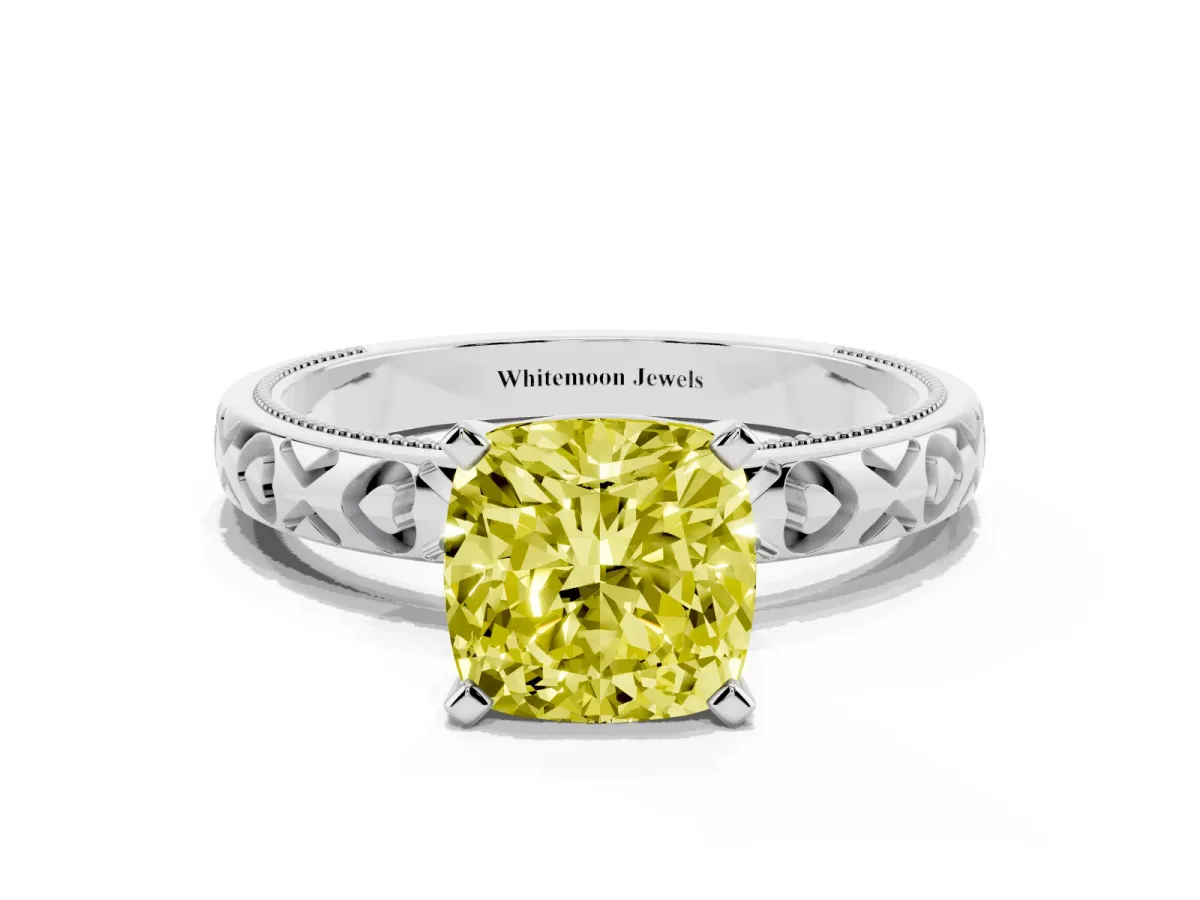 Fancy Yellow Cushion Cut Solitaire Diamond Engagement Ring with XO Engraved Band and Four-Prong Setting Platinum