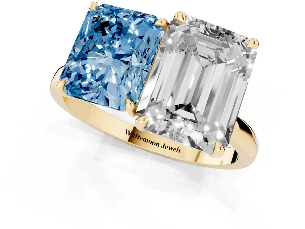 Fancy Blue Radiant Cut and Emerald Cut Toi Moi Ring with Prong Setting Yellow gold