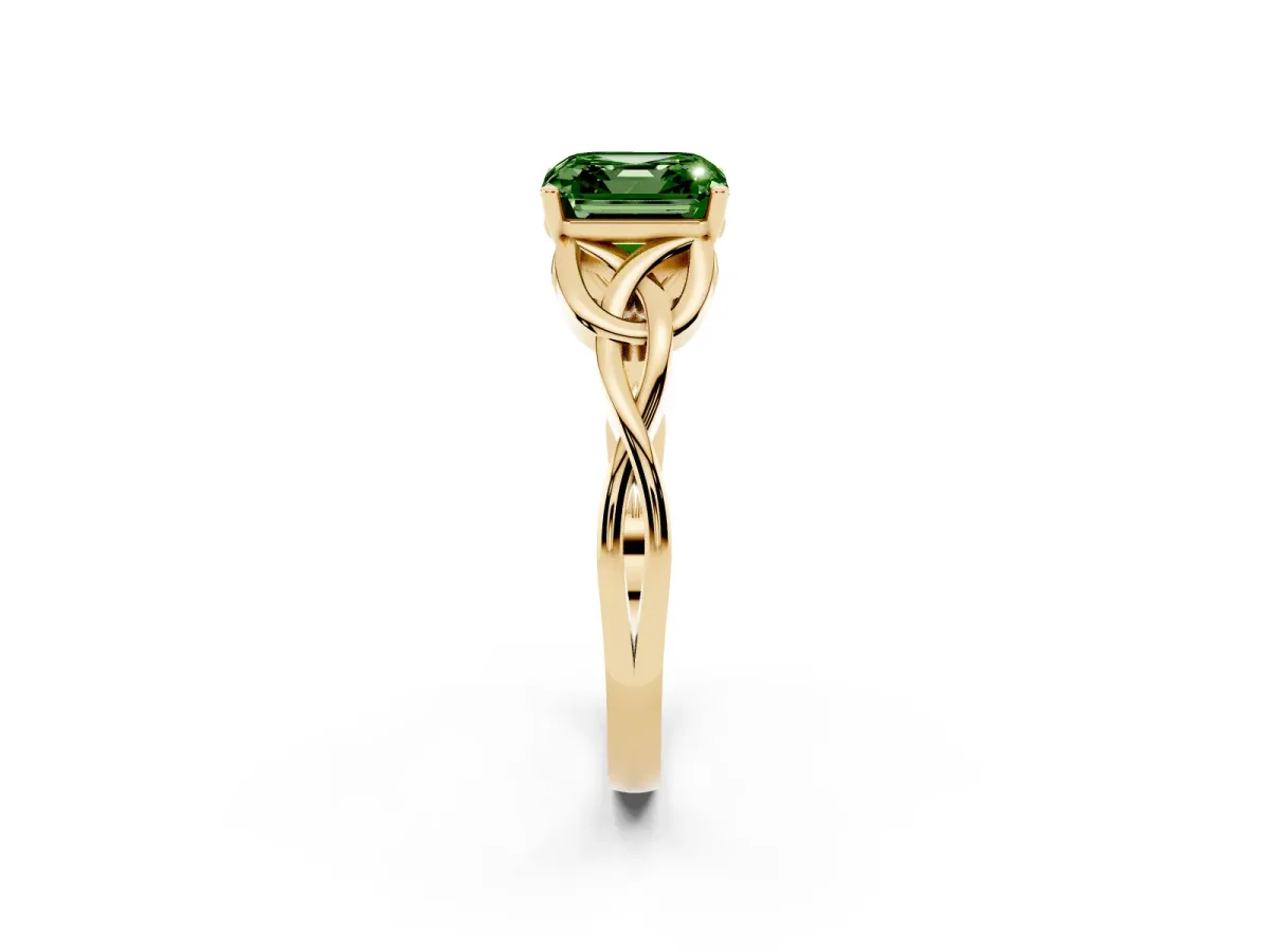 Fancy Green Asscher Cut Diamond Solitaire Engagement Ring with Celtic Knot Band and Four-Prong Setting Yellow gold