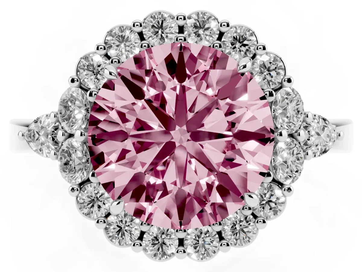 Fancy Pink Round Cut Diamond Halo Ring with Pear Side Stones and Prong Setting Silver