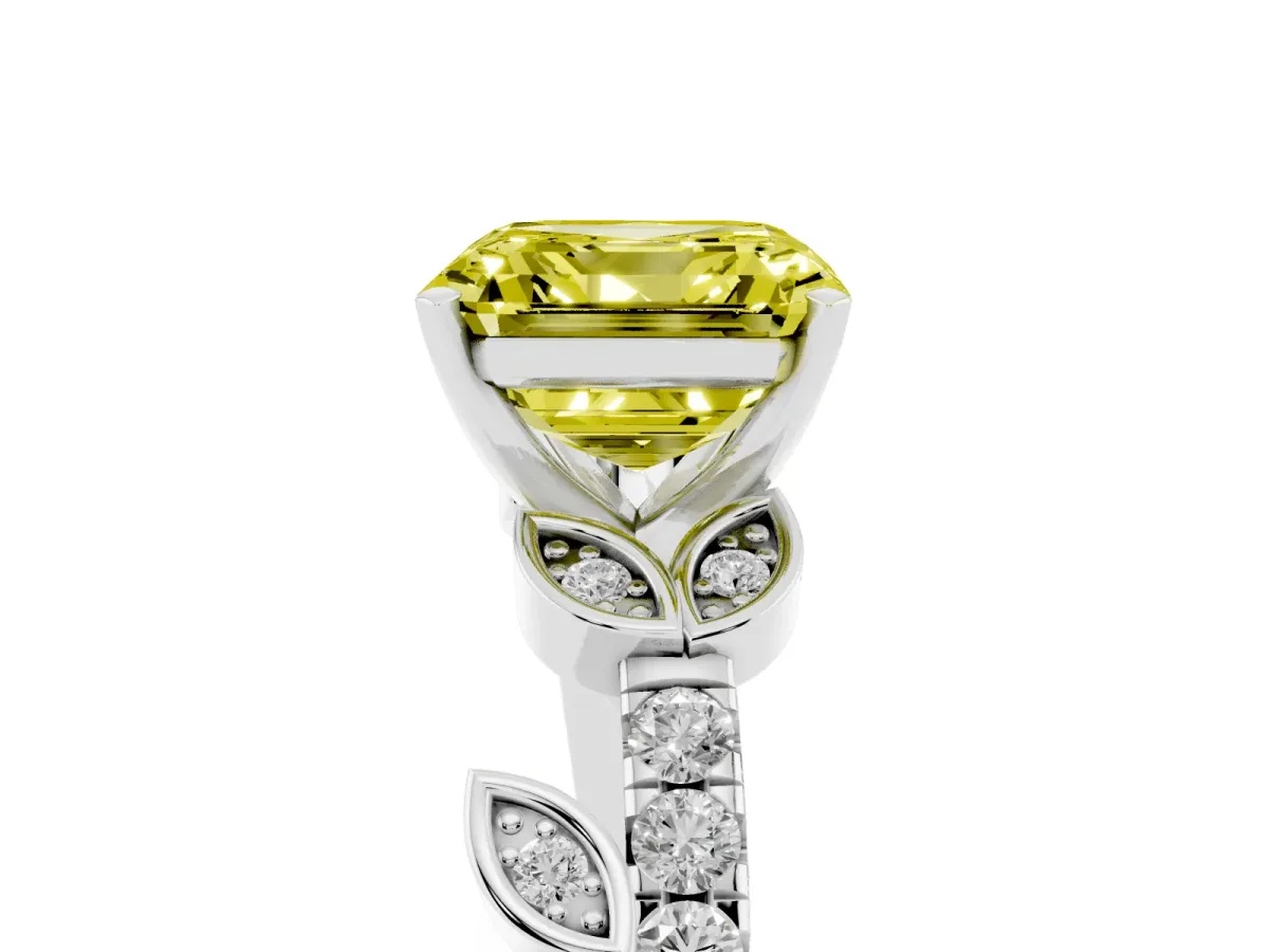 Fancy Yellow Asscher Cut Solitaire Leaf-Inspired Diamond Ring with Pavé Band and Four-Prong Setting Silver