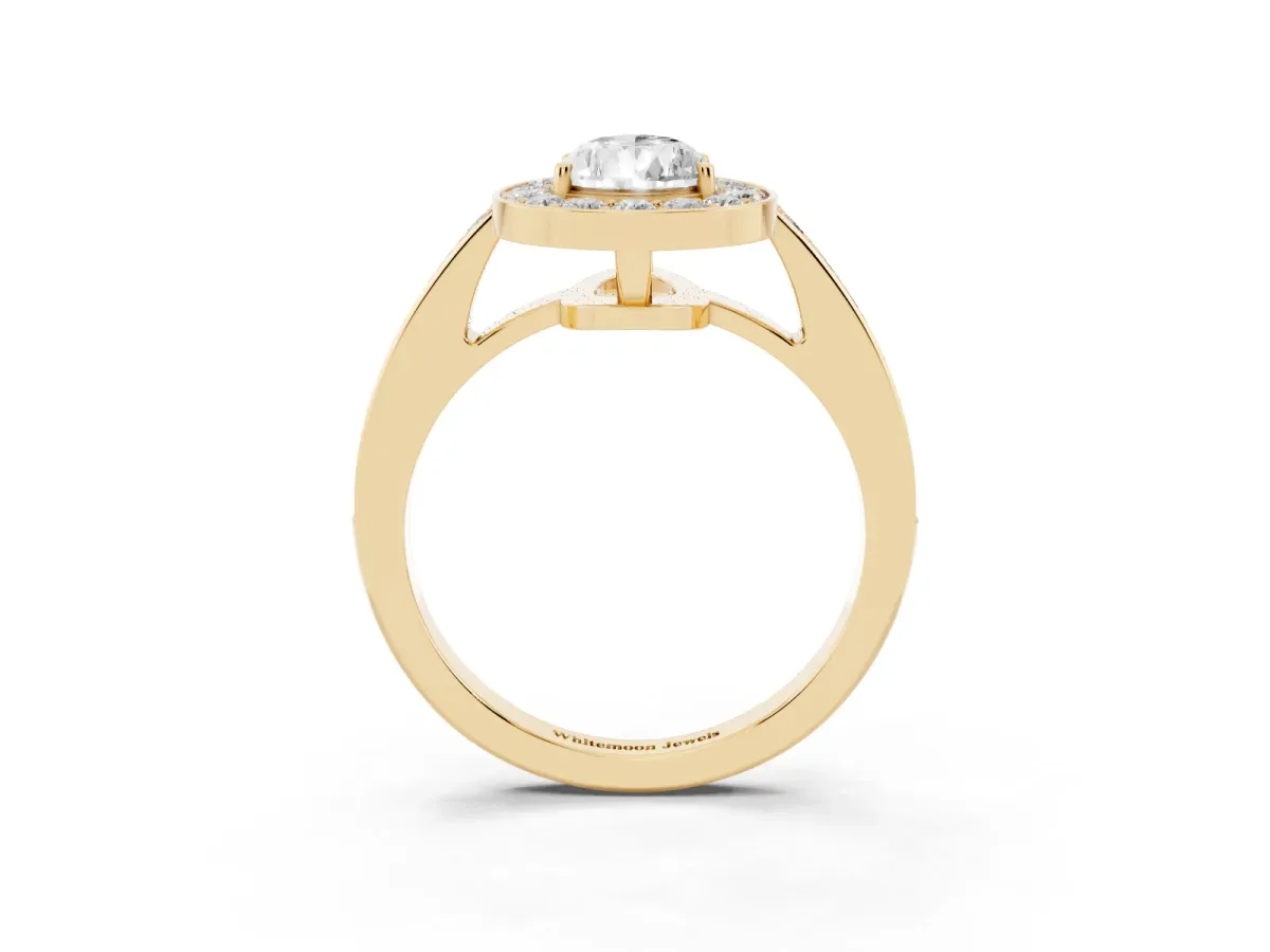 Pear Cut Halo Pavé Diamond Engagement Ring with Bezel Setting Yellow gold