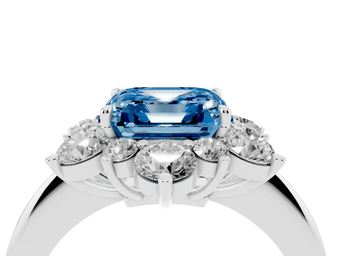 Fancy Blue Asscher Cut Diamond Cluster Halo Ring with Solitaire Band and Four-Prong Setting Silver