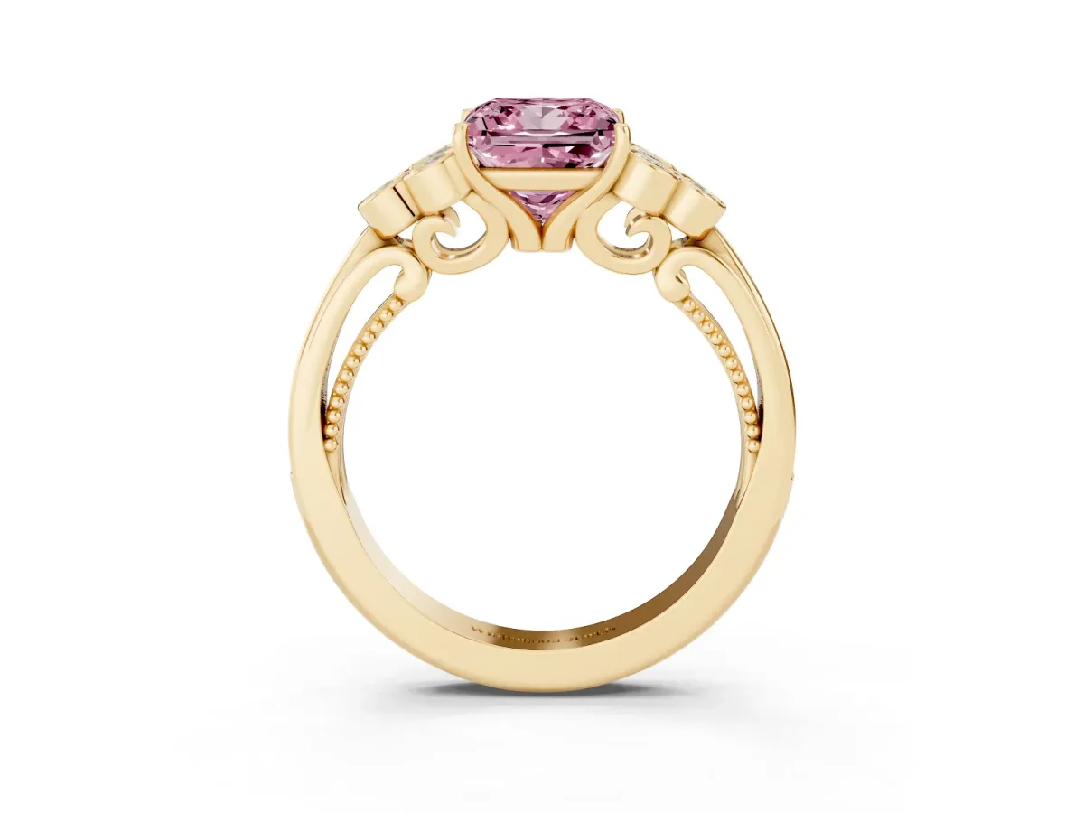 Fancy Pink Princess Cut Cut Diamond Engagement Ring with Bezel Set Round Side Stones and Prong Setting Yellow gold