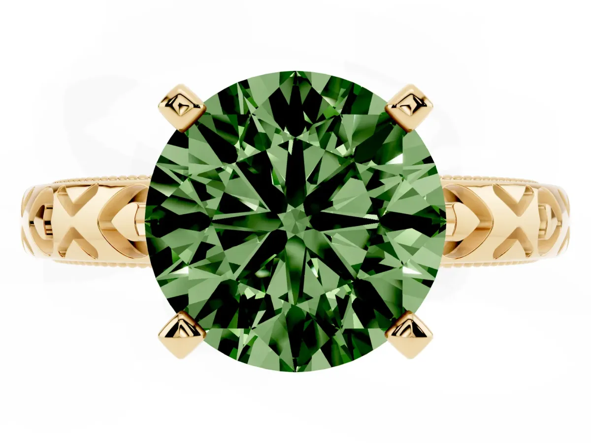 Fancy Green Round Cut Solitaire Diamond Engagement Ring with XO Engraved Band and Four-Prong Setting Yellow gold