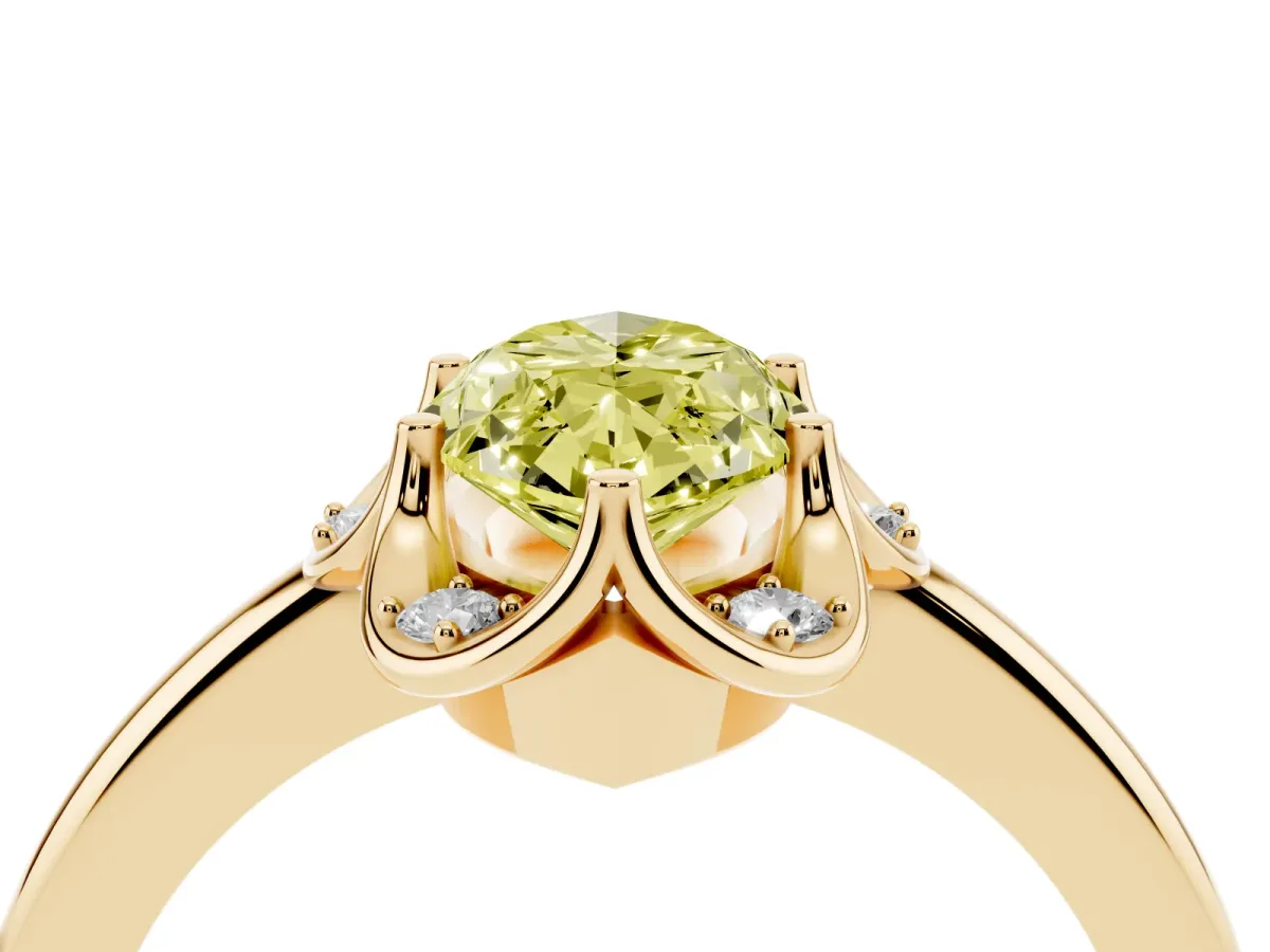 Fancy Yellow Marquise Cut Halo Diamond Ring with Round Cluster Setting, Solitaire Band, and Four-Prong Setting Yellow gold