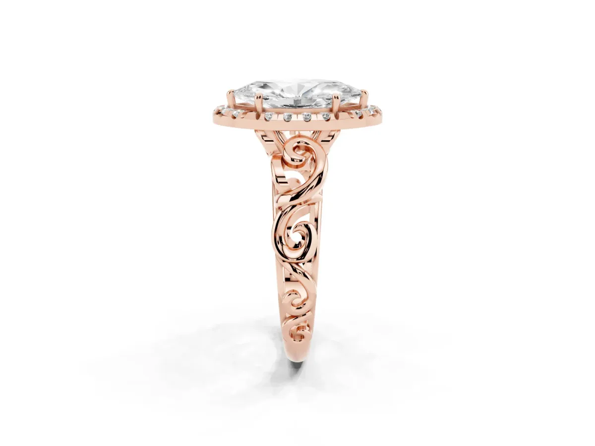 Marquise Cut Cut Halo Diamond Ring with Scrollwork Band and Four-Prong Setting Rose gold