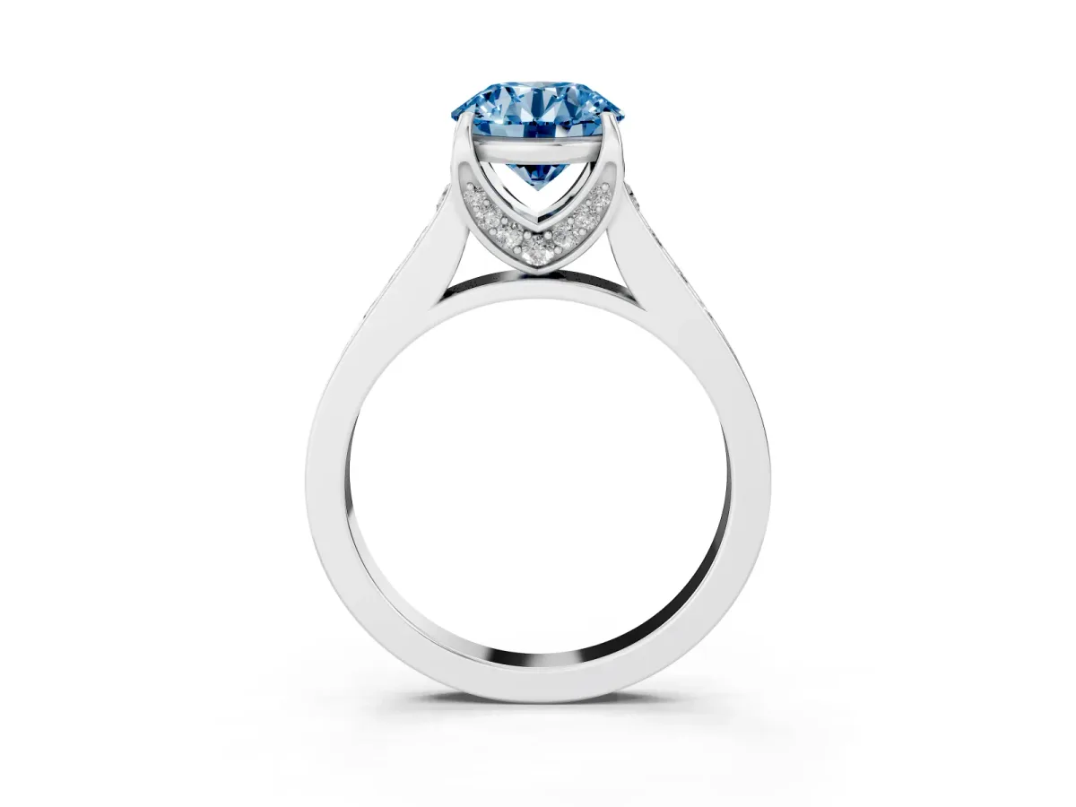 Fancy Blue Round Cut Brilliant Cut Diamond Engagement Ring with Pavé Band and Four-Prong Setting White gold
