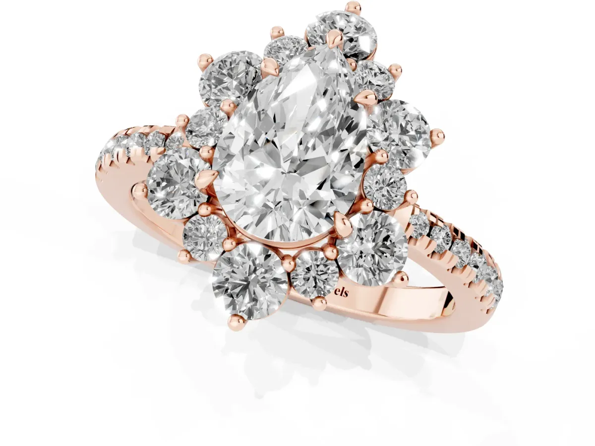 Pear Cut Diamond Floral Halo Ring with Round Pavé Band and Prong Setting Rose gold
