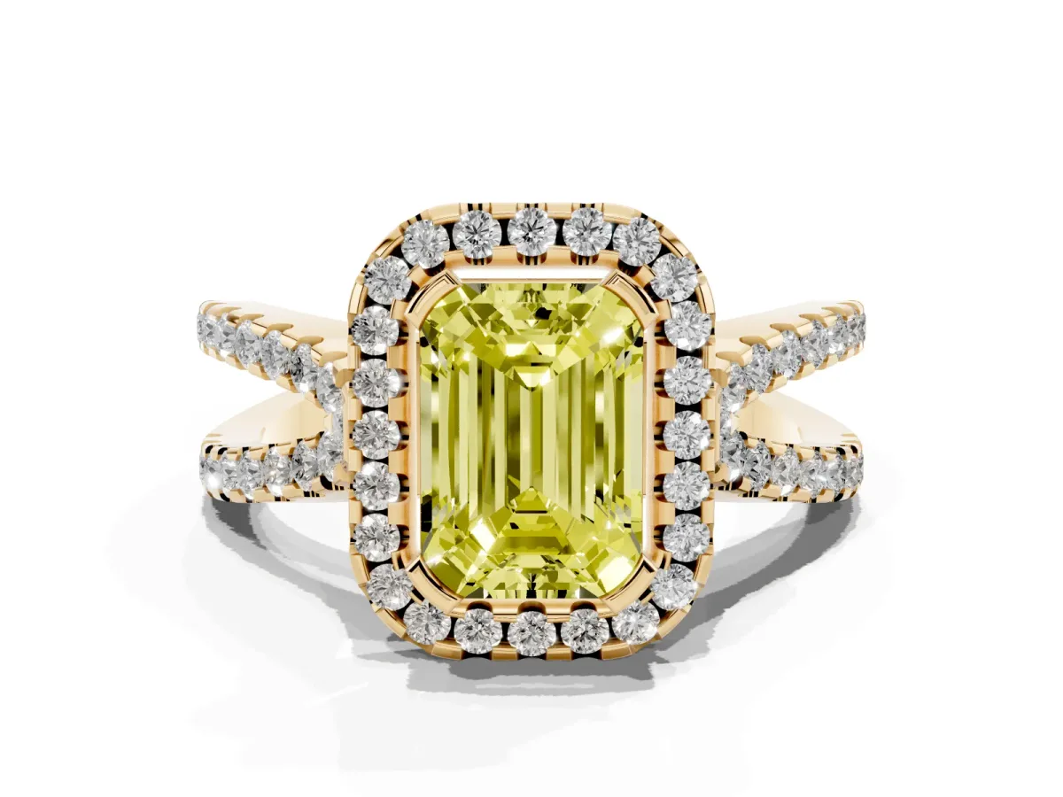 Fancy Yellow Emerald Cut Diamond Halo Ring with Split Shank Pavé Band and Prong Setting Yellow gold