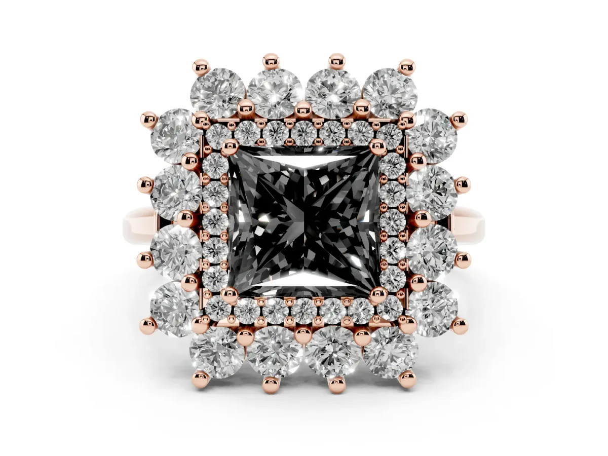 Fancy Black Princess Cut Diamond Floral Double Halo Engagement Ring with Prong Setting Rose gold