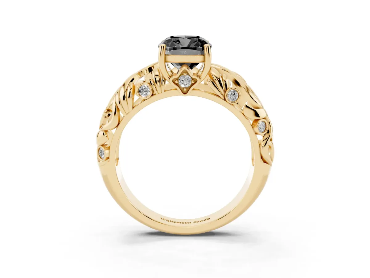 Fancy Black Cushion Cut Solitaire Diamond Leaf-Inspired Vine Band Ring with Prong Setting Yellow gold