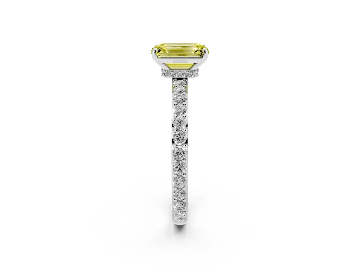 Fancy Yellow Emerald Cut Diamond Solitaire Engagement Ring with Pavé Band and Four-Prong Setting Silver