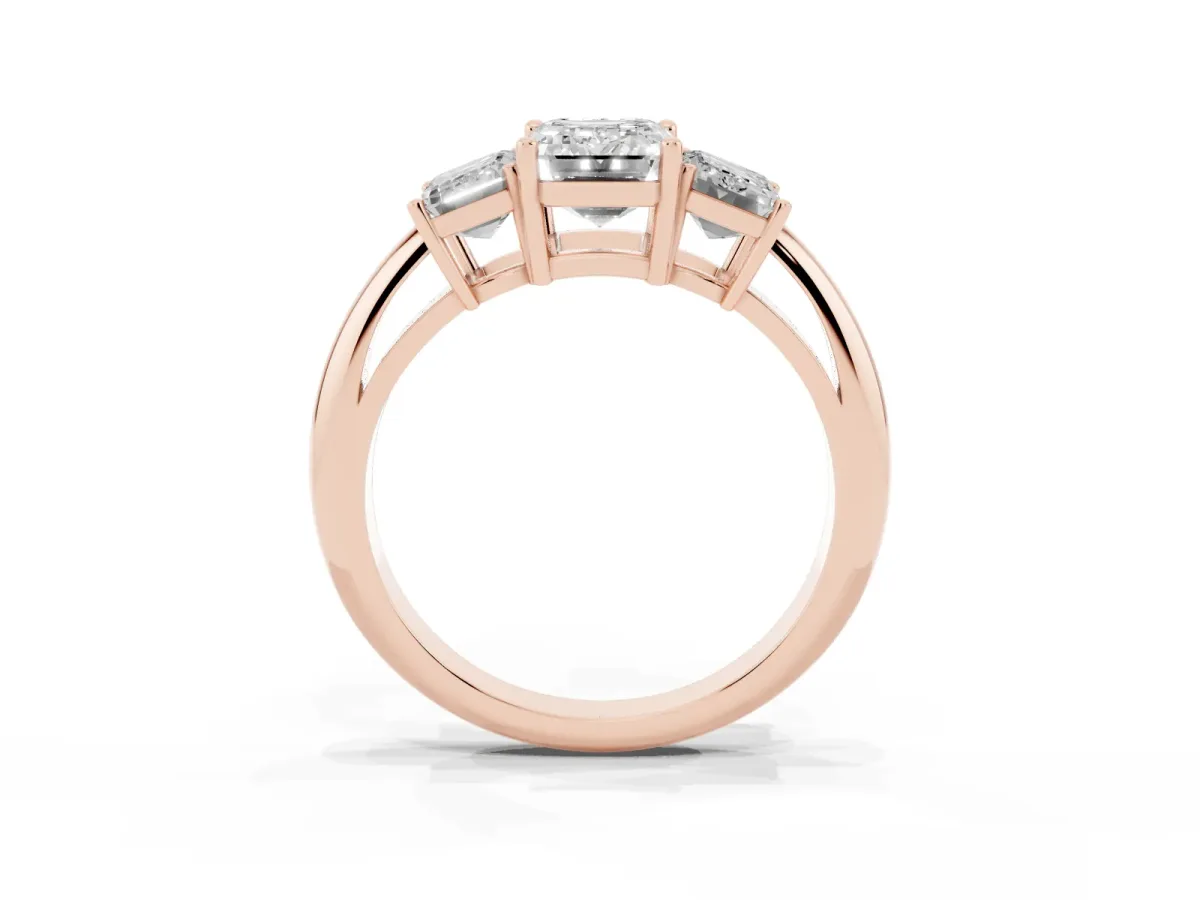 Three-Stone Emerald Cut Cut Diamond Engagement Ring with Prong Setting on a White Gold Band Rose gold