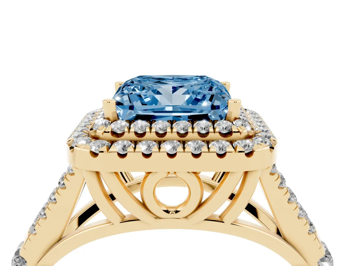 Fancy Blue Princess Cut Diamond Double Halo Ring with Split Shank and Prong Setting Yellow gold