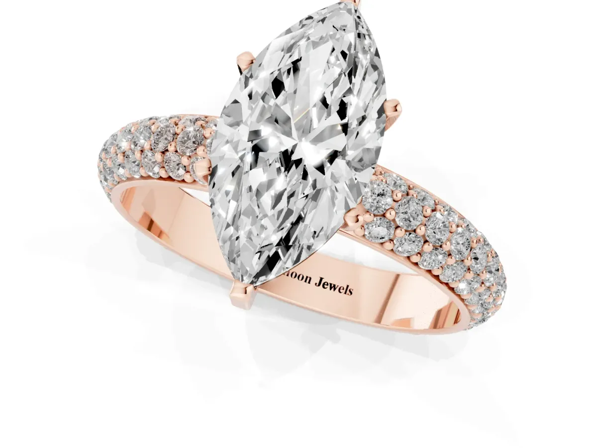Marquise Cut Diamond Solitaire Ring with Prong Setting and Pavé Band Rose gold